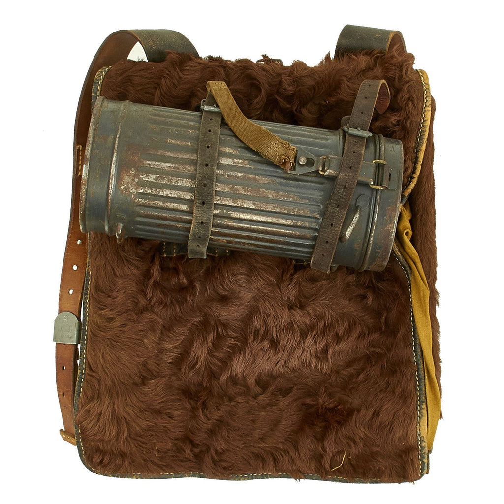 Original German WWII 1942 Tornister 34 Cowhide Backpack with Gas Mask Can
