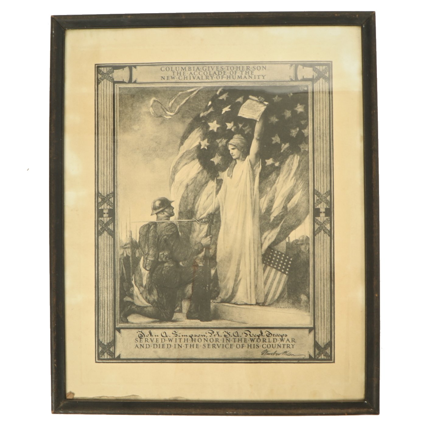 Original U.S. WWI Framed Killed in Action Citation Certificate
