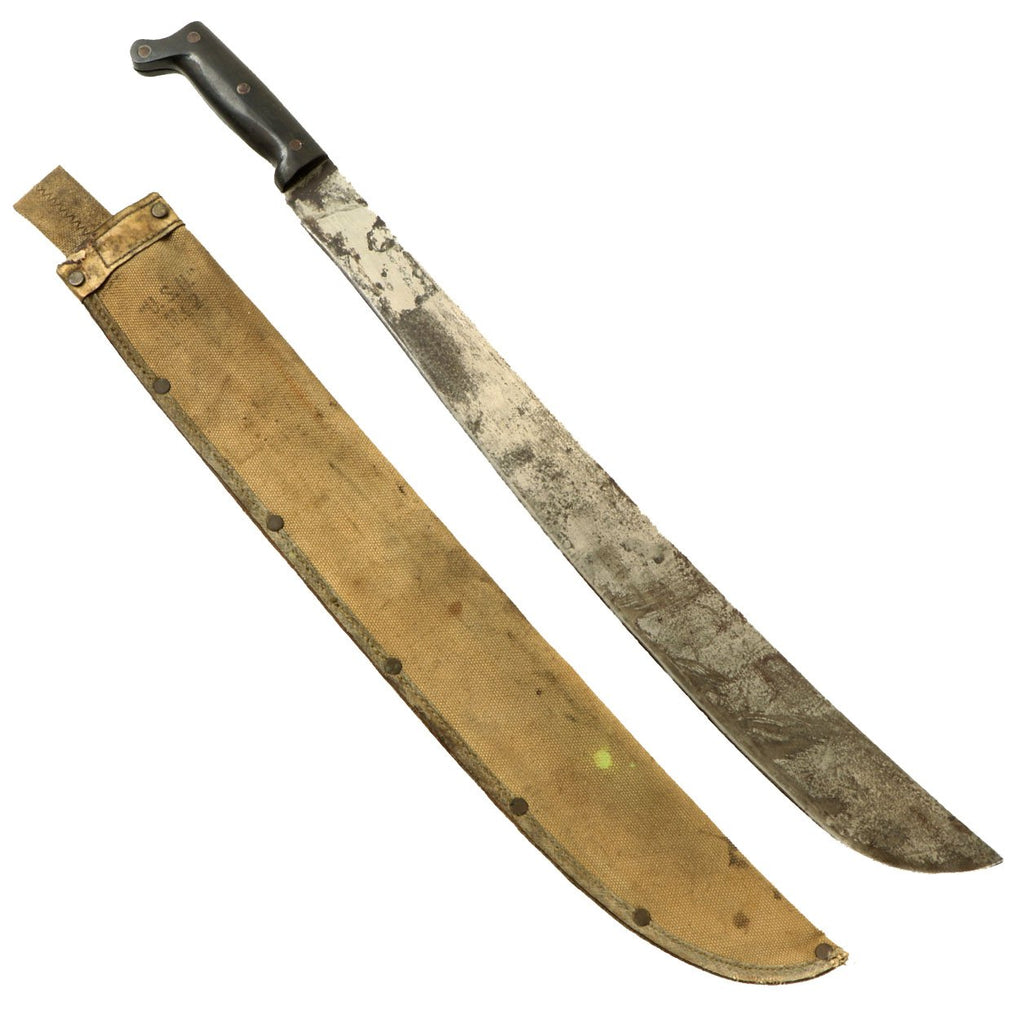 Original WWII U.S. Navy MK-2 Collins & Co. Legitimus Long Jungle Machete dated 1944 with Canvas Scabbard Original Items