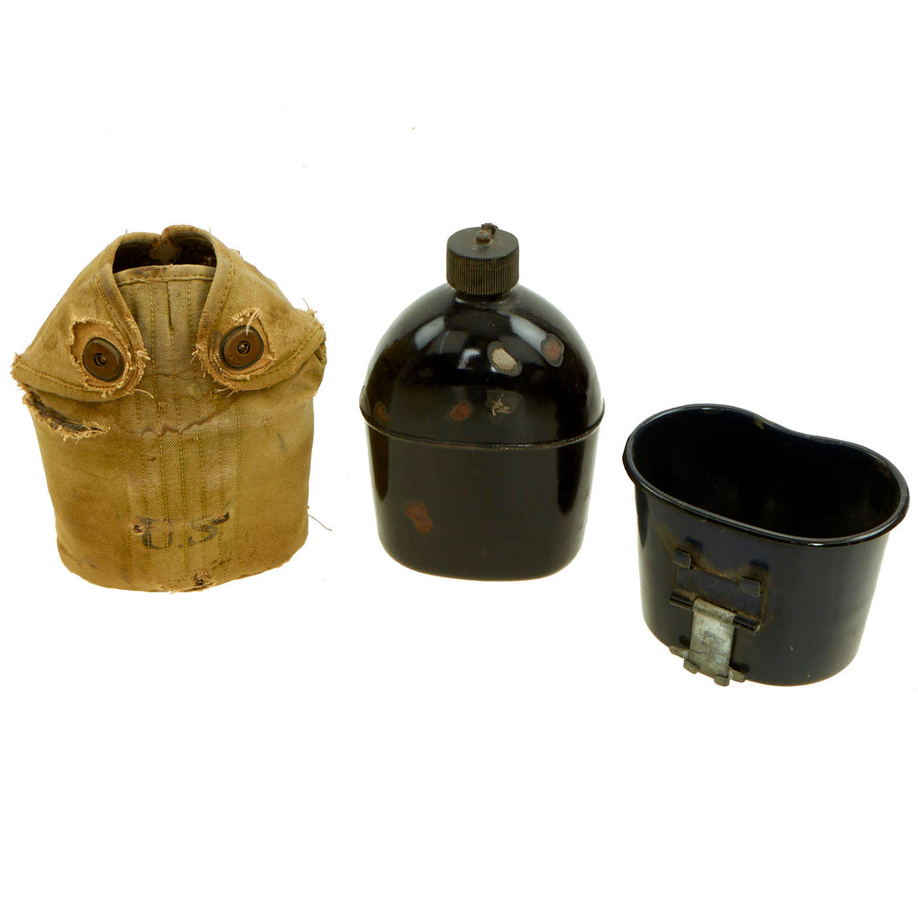 Original U.S. WWII Rare M1942 Black Porcelain Enamel Canteen and Cup in Carrier Original Items