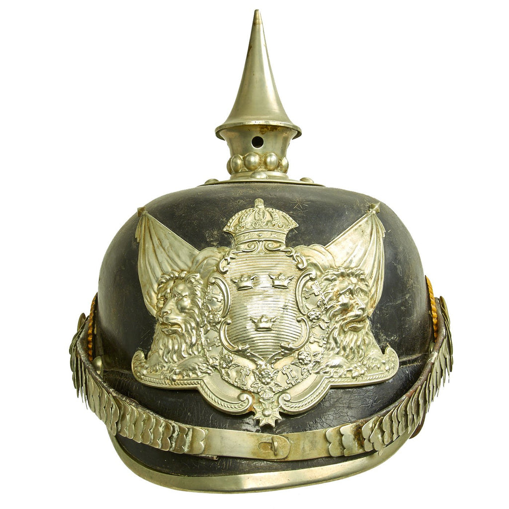 Original Swedish WWI 1887 Pattern Pickelhaube Leather Helmet with Nickel Fittings and Yellow Cockades Original Items