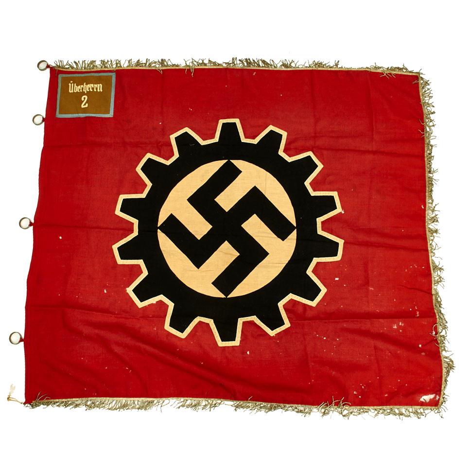 Original German WWII German DAF Labor Front 47" x 52" Fringed Flag with Überherrn 2 Town Marking Original Items