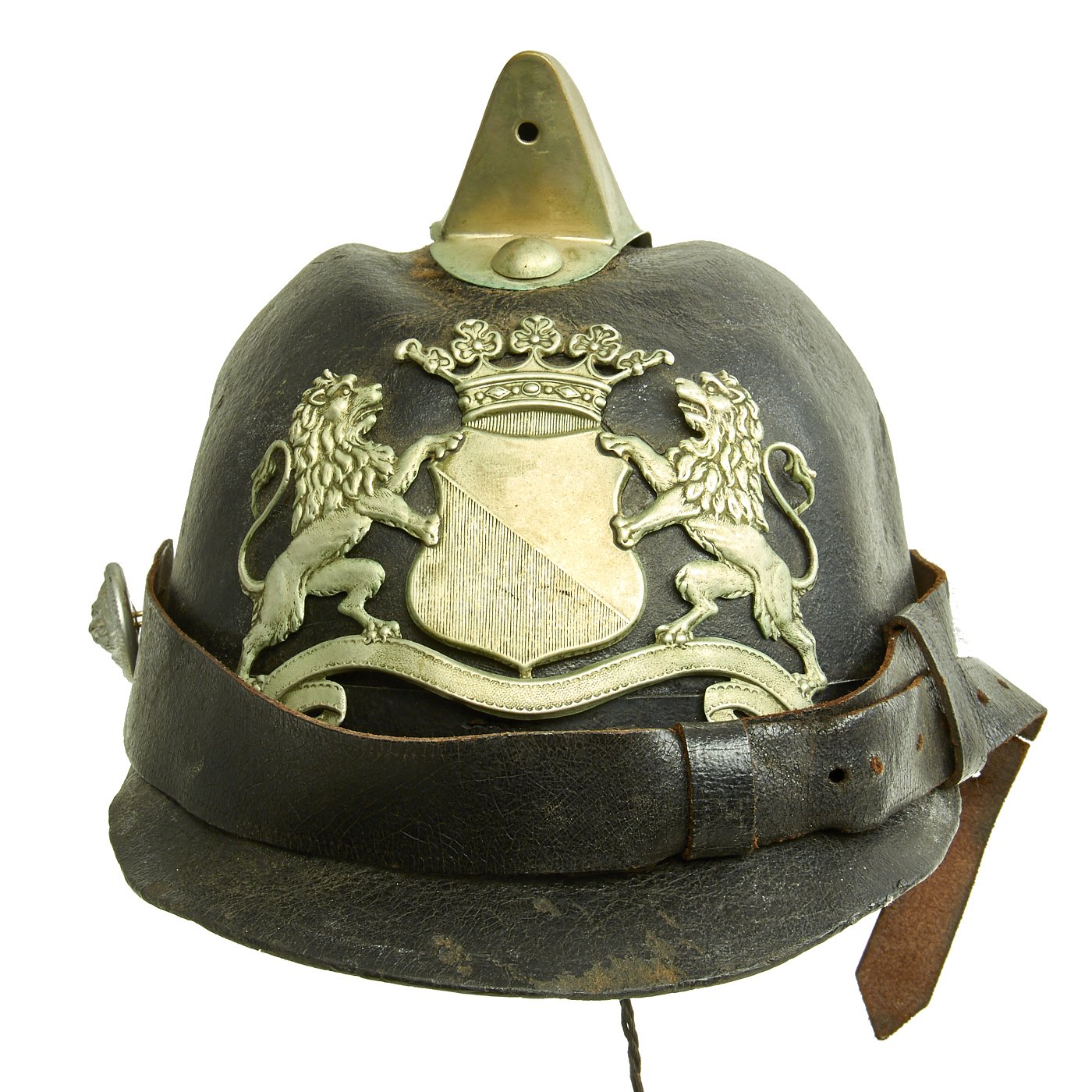 Original Belgian WWI Leather Fire Brigade Helmet with Nickel Comb