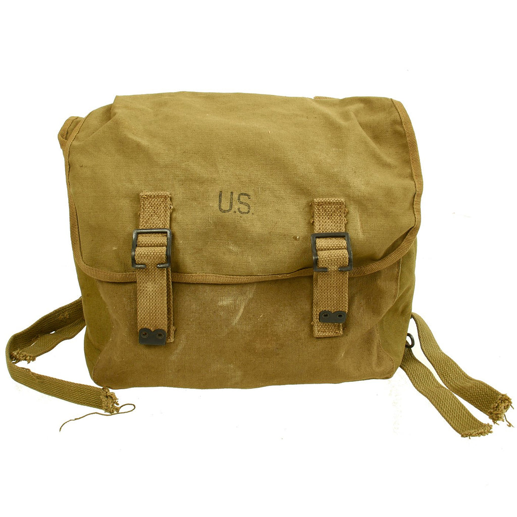 Original U.S. WWII British Made 1944 dated Musette Bag by M.E.Co with Suspenders Original Items