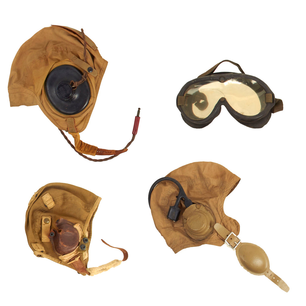 Original U.S. WWII Set of Three Canvas Flight Helmets with Goggles and Partial Avionics Original Items