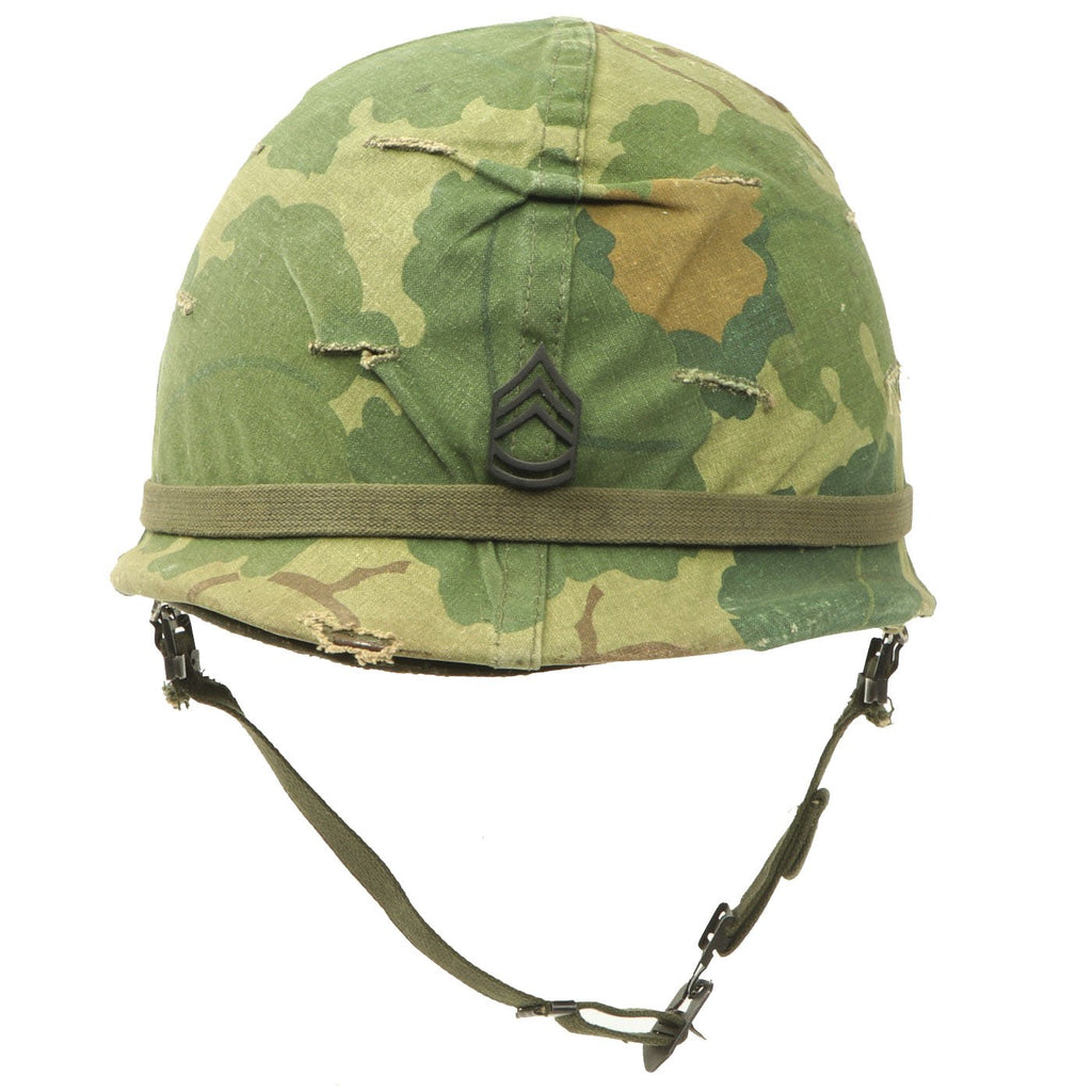 Original U.S. Vietnam War Era M1 Helmet with USMC Camouflage Cover & Sergeant Chevron Pin Original Items
