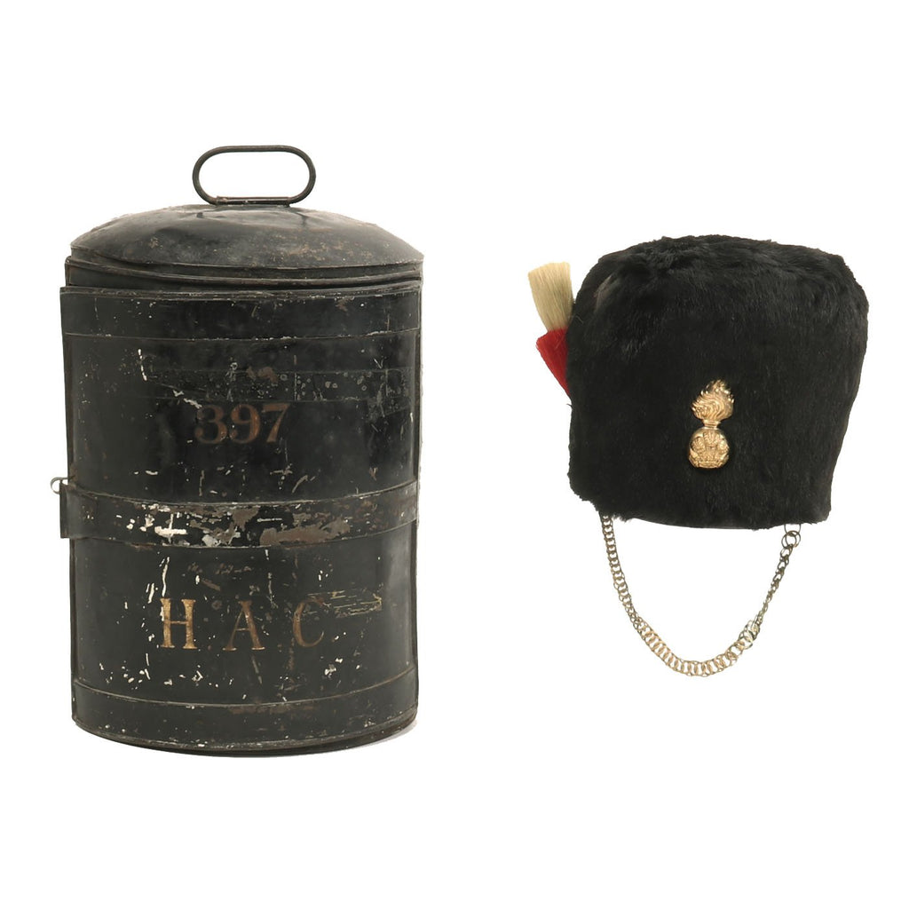 Original British Victorian Era Royal Welch Fusiliers Bearskin Busby with Transport Can Original Items