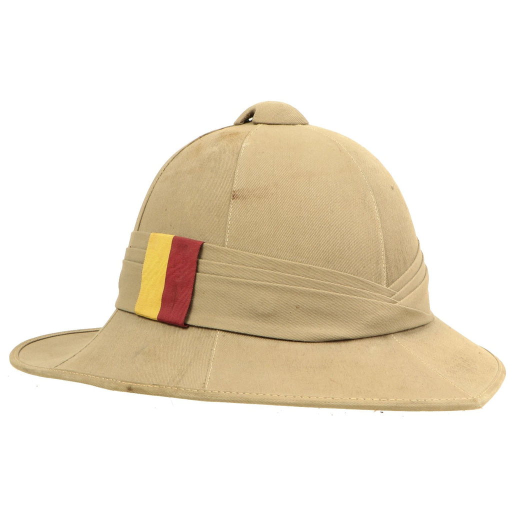 Original British WWII 1942 Dated Wolseley Pattern Pith Sun Helmet with Suffolk Regiment Minden Flash by Moores of London Original Items