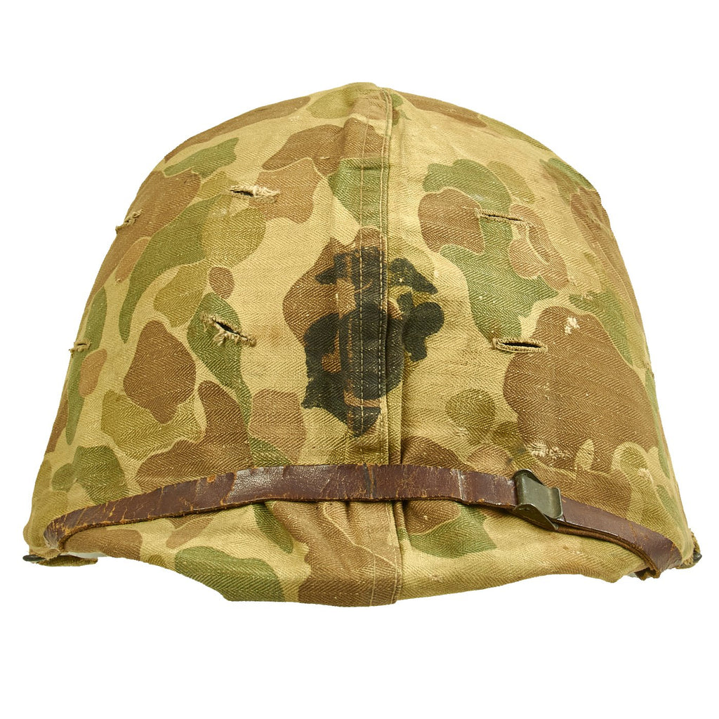 Original U.S. WWII 1945 USMC M1 McCord Rear Seam Helmet with HBT Camo Cover and Westinghouse Liner Original Items