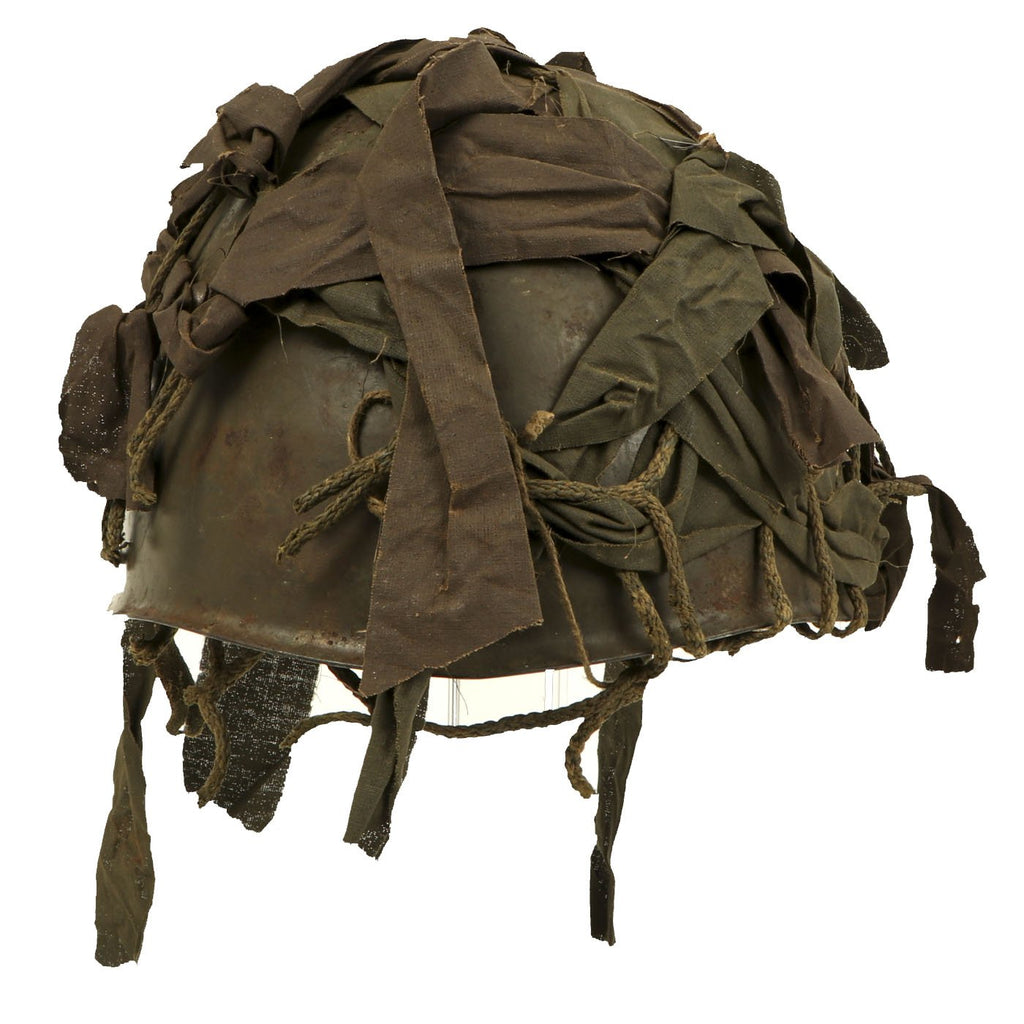 Original WWII Italian Service Worn M33 Helmet marked with Camouflage Helmet Net - stamped T114 Original Items