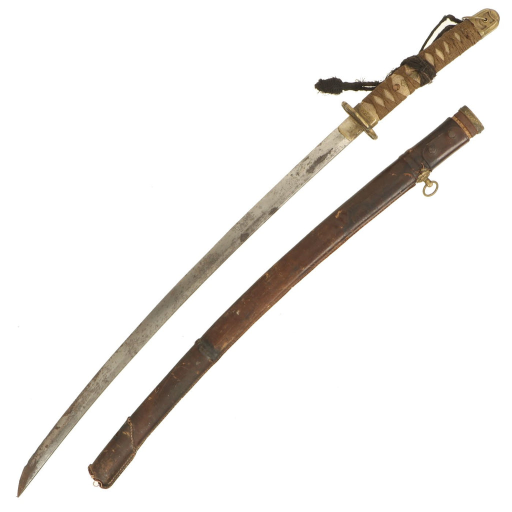 Original WWII Japanese Army Officer Late War "Last Ditch" Long Katana Sword with Leather Scabbard Cover Original Items