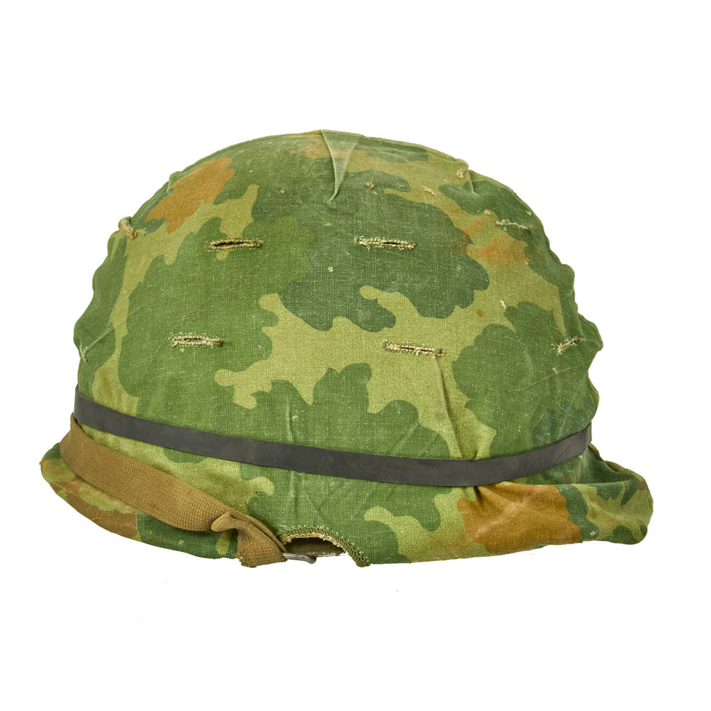 Original U.S. WWII Vietnam Reissue M1 McCord Front Seam Swivel Bale Helmet with USMC Camouflage Cover Original Items