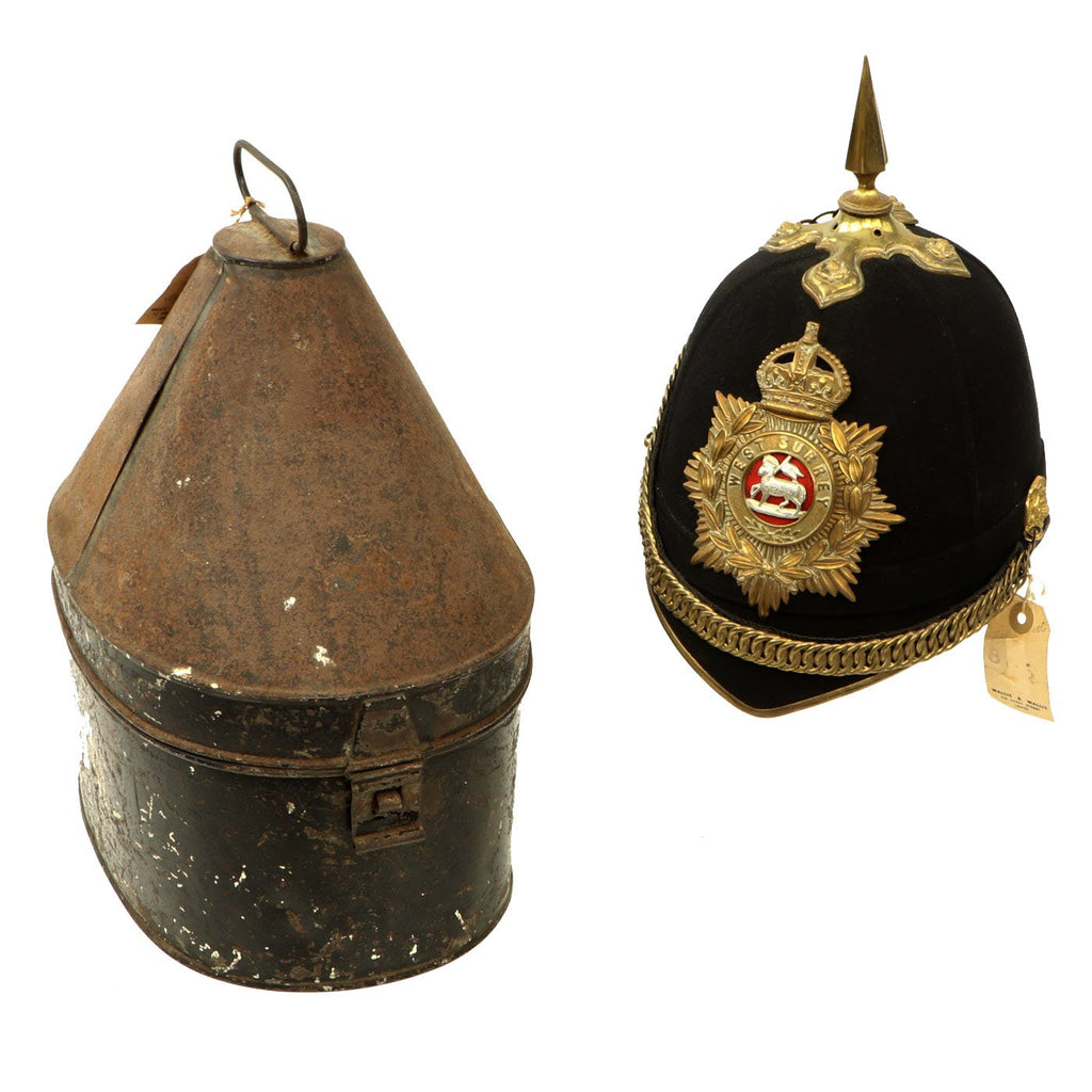 Original British Pre-WWI Queen's Royal Regiment (West Surrey) Blue Cloth Helmet with Transit Tin by Hawkes & Co Original Items