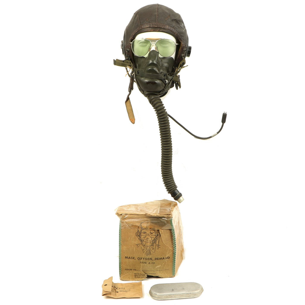 Original U.S. WWII Named Army Air Force Aviator Flight Helmet Set - Bausch and Lomb AN6531 Sunglass, A-14 Oxygen Mask, A-11 Flying Helmet Original Items