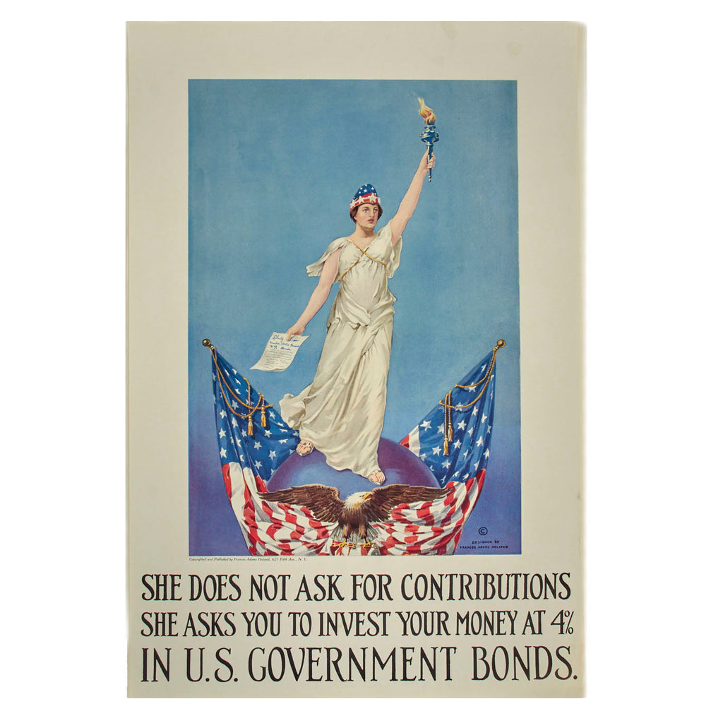 Original U.S. WWI Lady Liberty Government Bonds Investment Poster Designed By Frances Adams Halsted - 14” x 21” Original Items