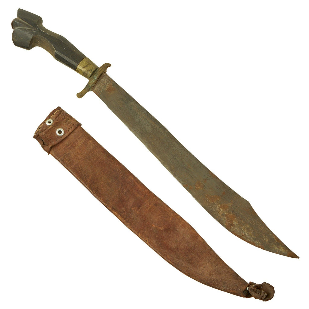 Original U.S. WWII Pacific Theater Made Philippine Machete Bowie Knife with Leather Scabbard Original Items