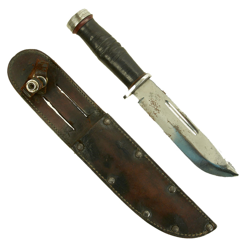 Original U.S. WWII Cattaraugus 225Q Commando Fighting Knife with Leather Scabbard Original Items