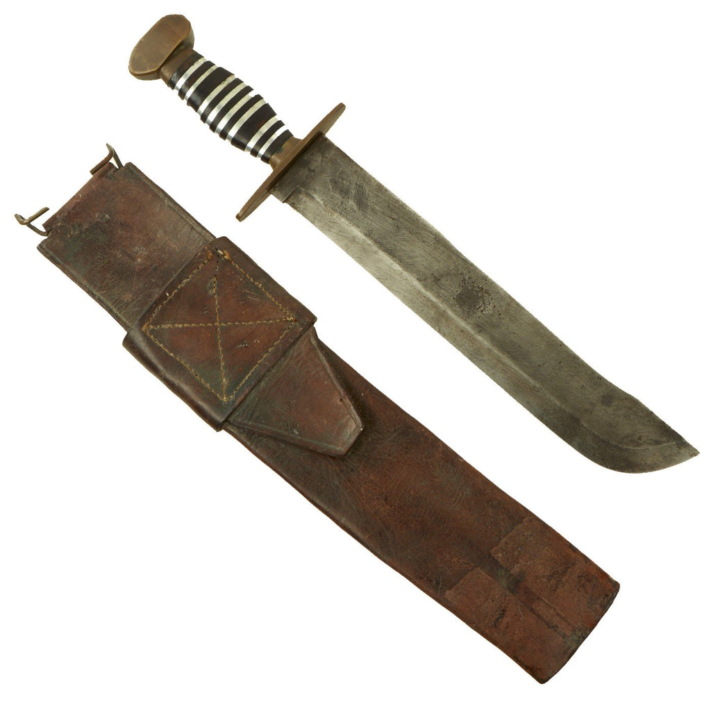 Original U.S. WWII Pacific Theater Made Machete Fighting Knife with Leather Scabbard Original Items