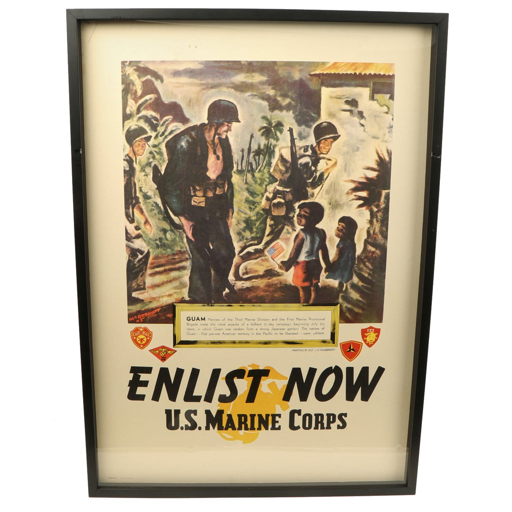 Original U.S. WWII Framed 1945 Marine Corps Enlistment Poster Guam by Sergeant John R. McDermott Original Items