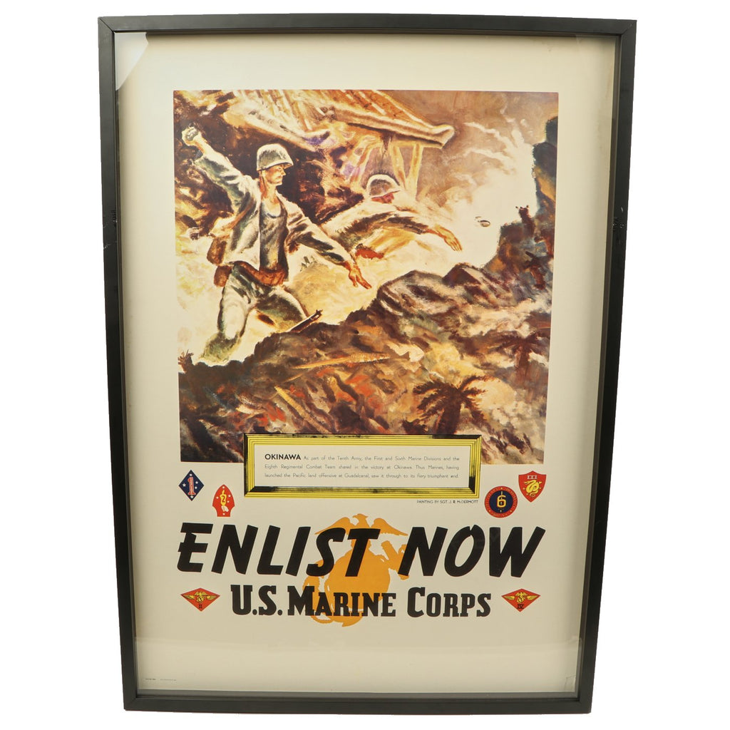 Original U.S. WWII Framed 1945 Marine Corps Enlistment Poster Okinawa by Sergeant John R. McDermott Original Items
