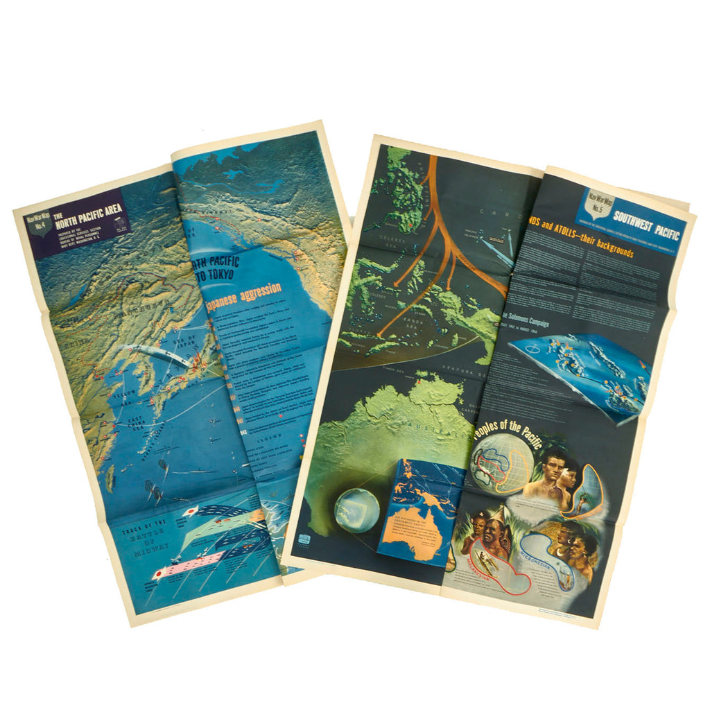 Original U.S. WWII Navy Education Services Map Posters of North Pacific and Southwest Pacific - NavWarMap Series - 2 Items Original Items