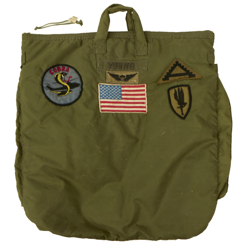 Original U.S Vietnam War 1971 Dated Gentex SPH-4 Helicopter Pilot Helmet Bag with Bell AH-1 Cobra (Bell 209) Attack Helicopter Patch Original Items