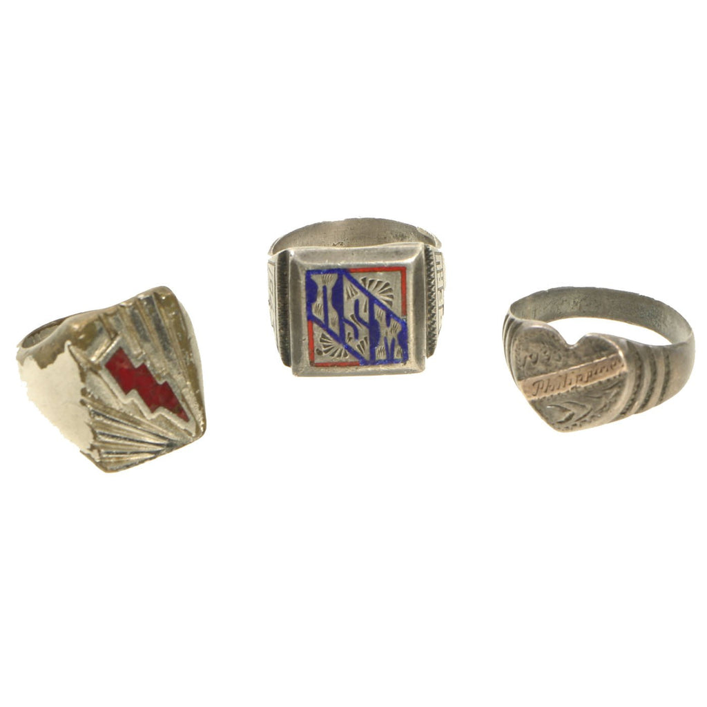 Original U.S. WWII Souvenir Ring Set - NSM Peru 1943, Philippines 1945 & Lightning Bolt Insignia Original Items