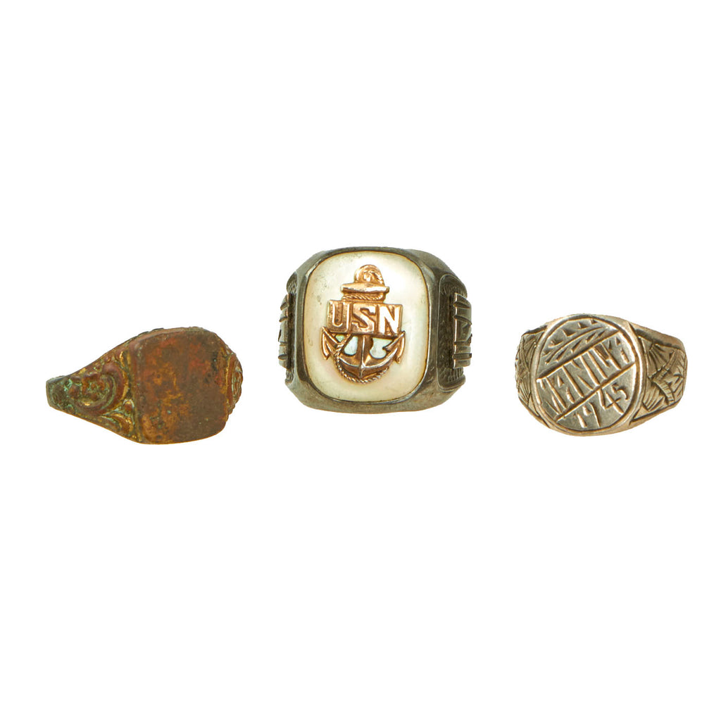 Original U.S. WWII Trench Art / Service Souvenir Ring Set of 3 Featuring a Manila Engraved Ring Original Items