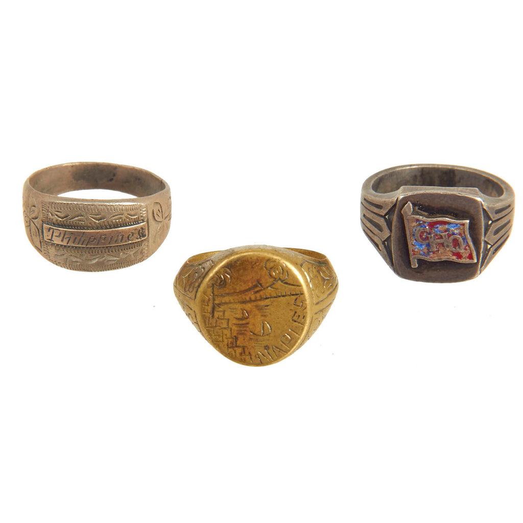 Original U.S. WWII and Korean War Souvenir Ring Set - Naples, Philippines & “GHQ” Far East Command Original Items