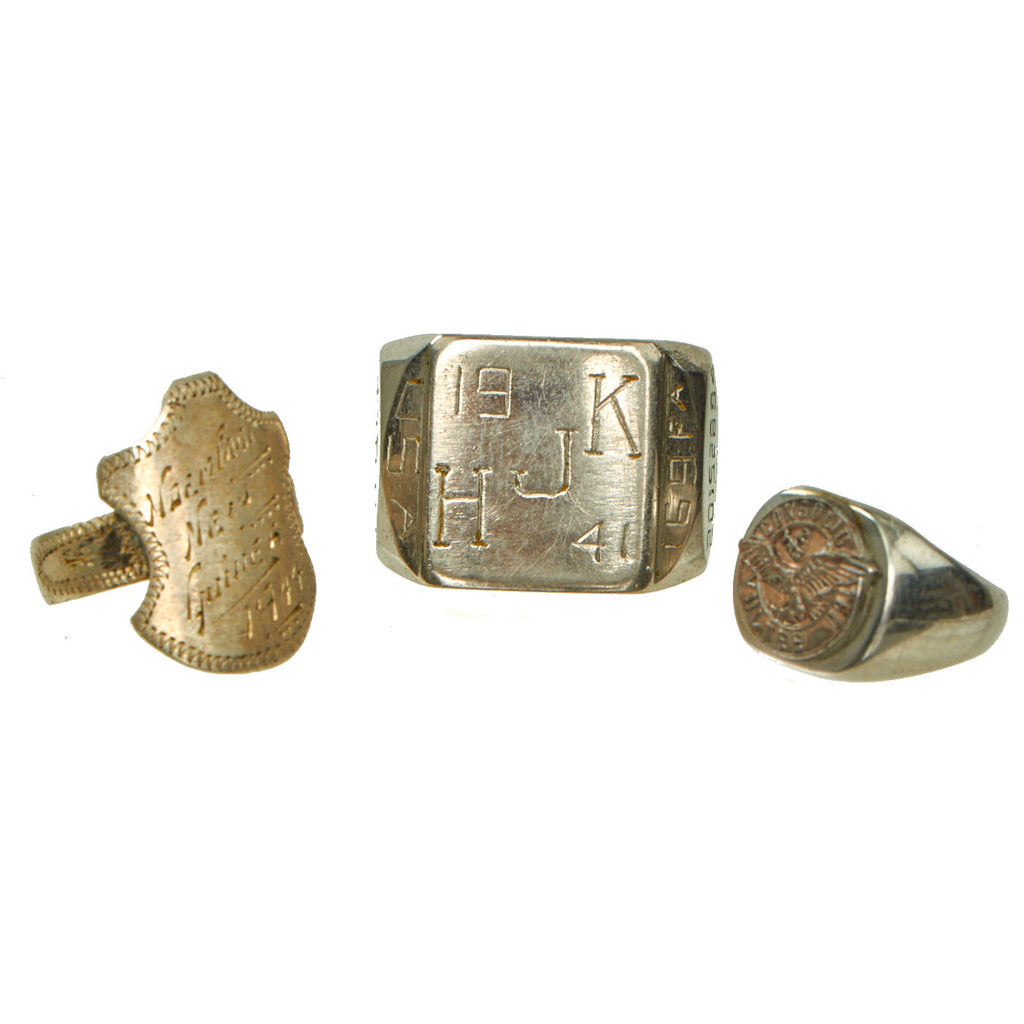 Original U.S. & Australian WWII Military and Civilian Worker Trench Art Ring Lot Featuring Named 43rd Infantry Division, 169th Field Artillery Ring - 3 Rings Original Items