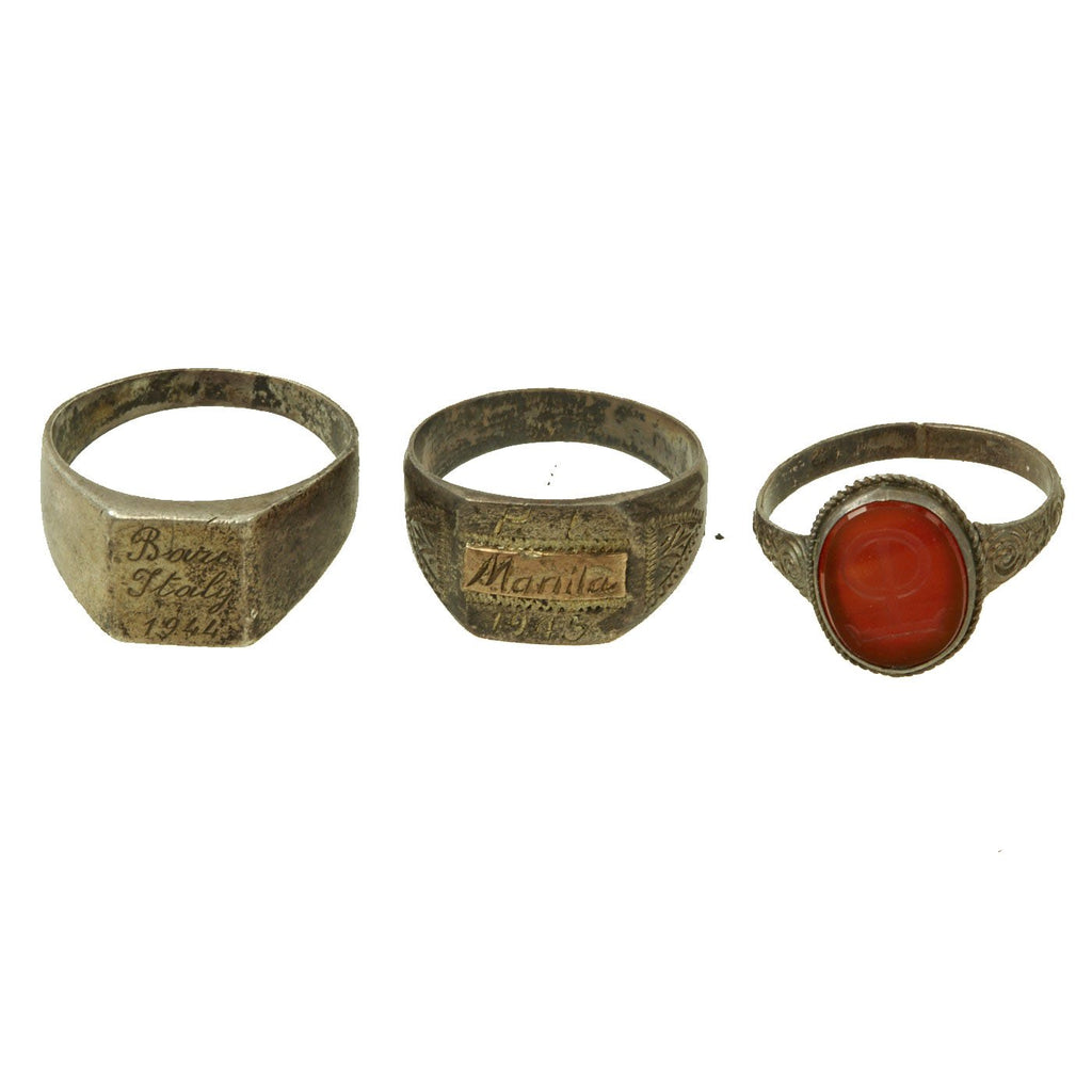 Original U.S. WWII Souvenir Ring Set - Bari Italy 1944, Manila 1945 & 90th Infantry Division Original Items