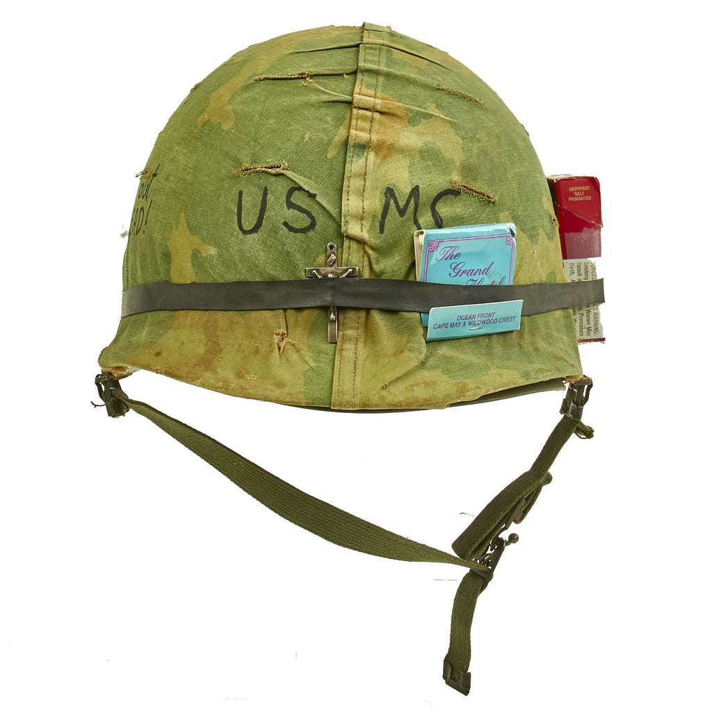 Original U.S. WWII Vietnam Reissue M1 McCord Front Seam Swivel Bale Helmet with Personalized USMC Camo Cover Original Items
