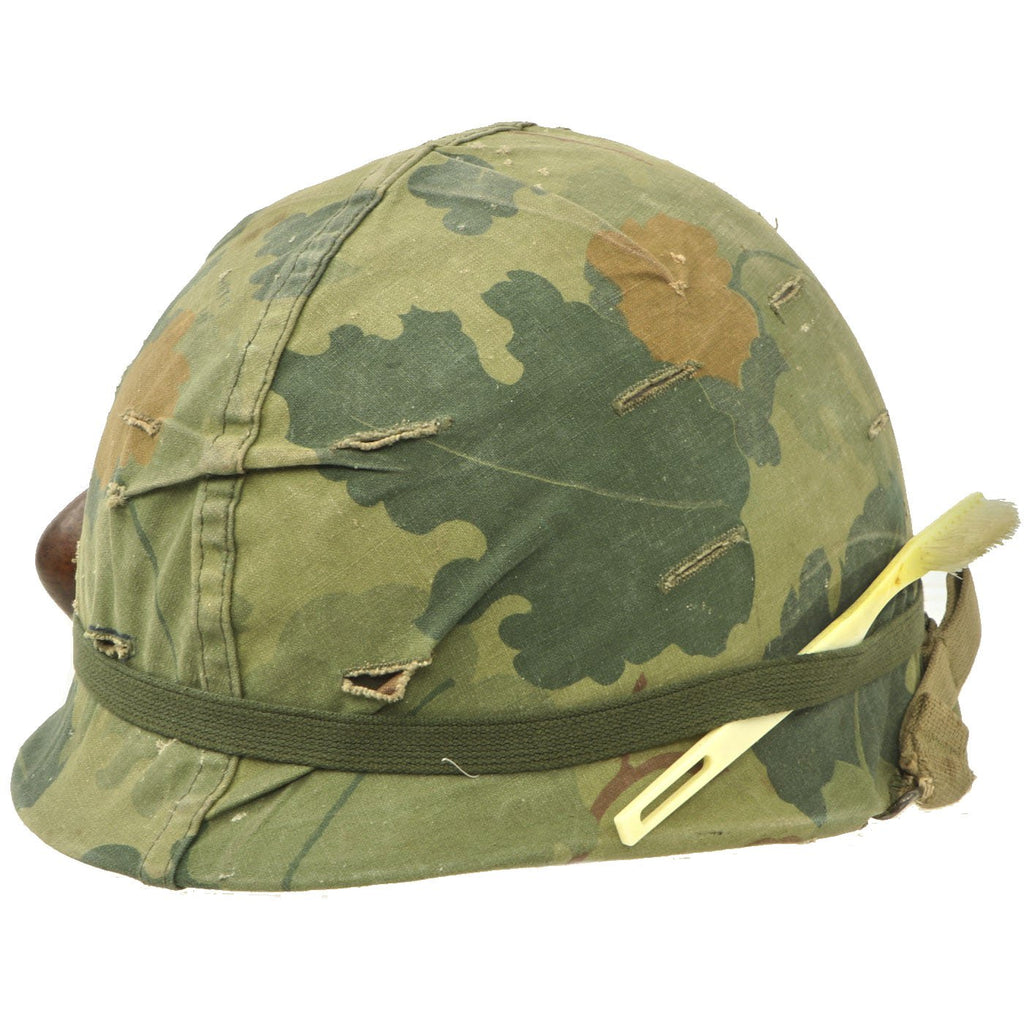 Original U.S. WWII & Vietnam Named M1 McCord Rear Seam Helmet with USMC Camo Cover & Accessories Original Items