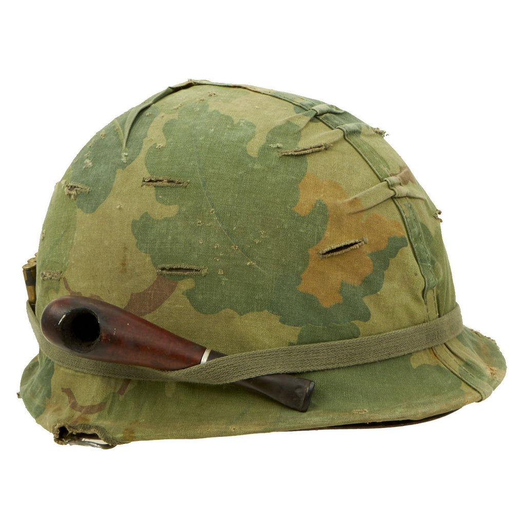 Original U.S. Vietnam M Helmet with USMC Camouflage Cover, Tobacco Pipe & Dummy Ammo Original Items