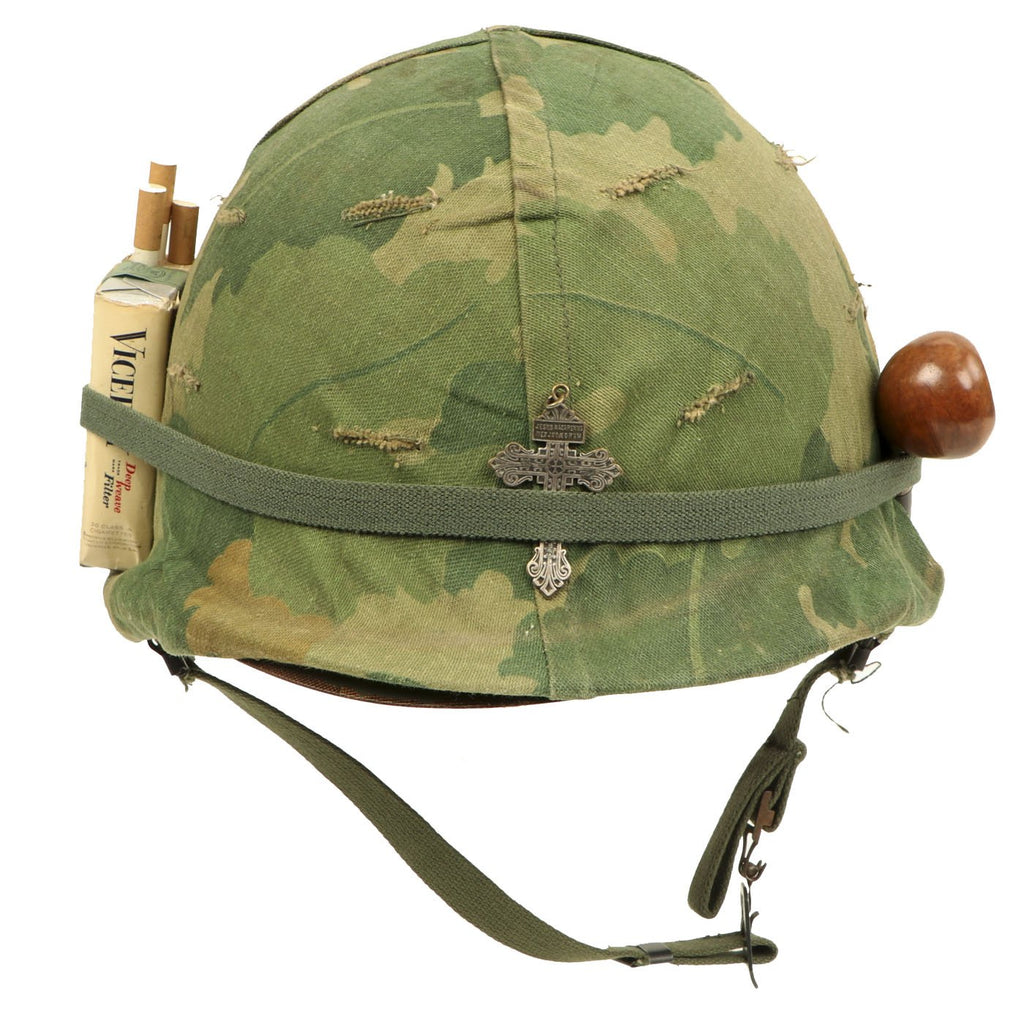 Original U.S. Vietnam M1 Ingersoll Helmet with Westinghouse Liner, USMC Camo Cover & Accessories Original Items