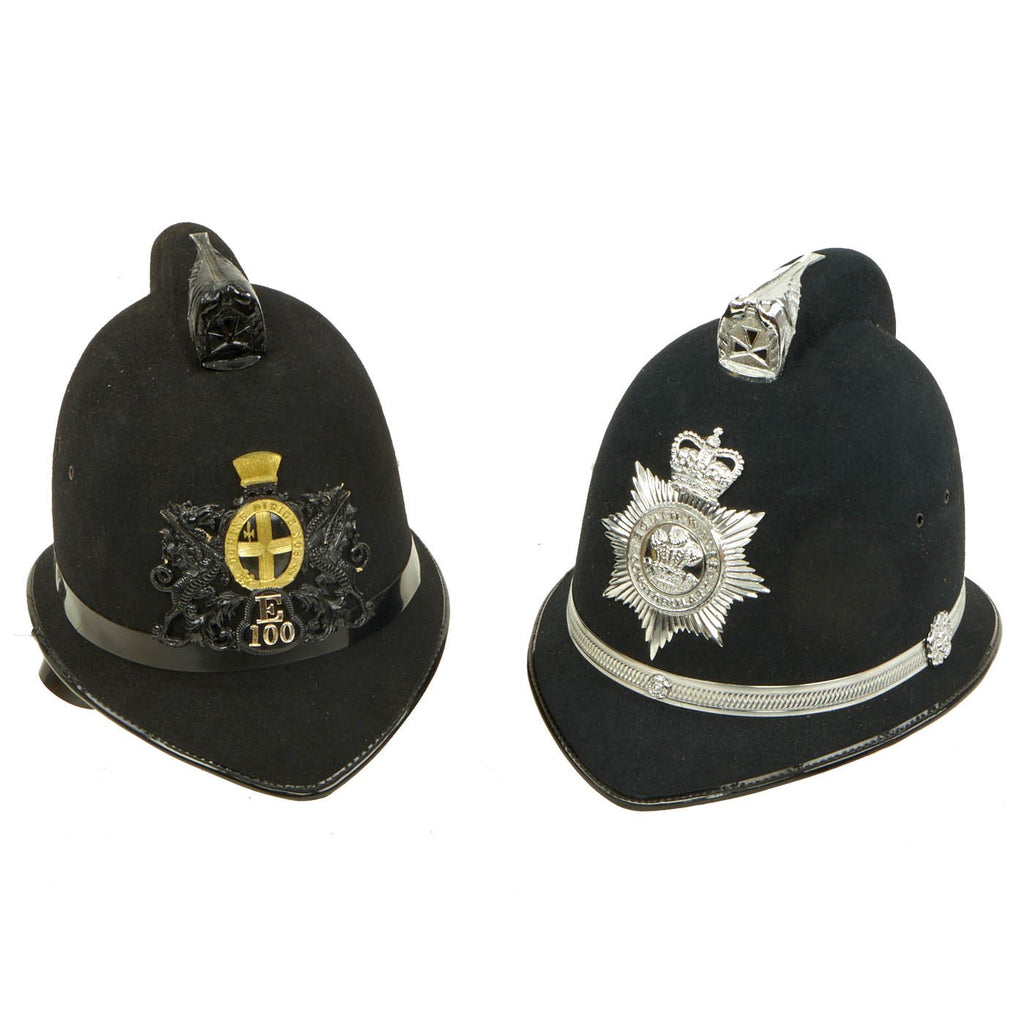 Original Set of 2 Comb-Top British Bobby Helmets - City of London & South Wales Constabulary - Formerly Part the Yeoman Warder’s Club Collection, Tower of London Original Items