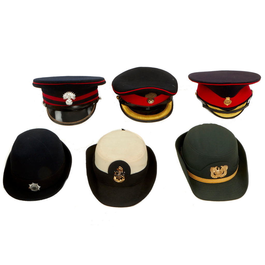 Original American & European Nations Military and Police Visor Lot - Formerly Part the Tower of London Yeoman Warders Club Collection - 6 Items Original Items