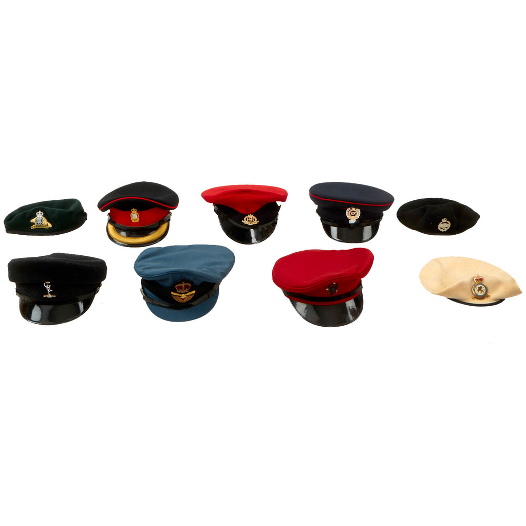 Original British, Canadian & Australian Military and Police Visor and Beret Lot - Formerly Part the Tower of London Yeoman Warders Club Collection - 9 Items Original Items