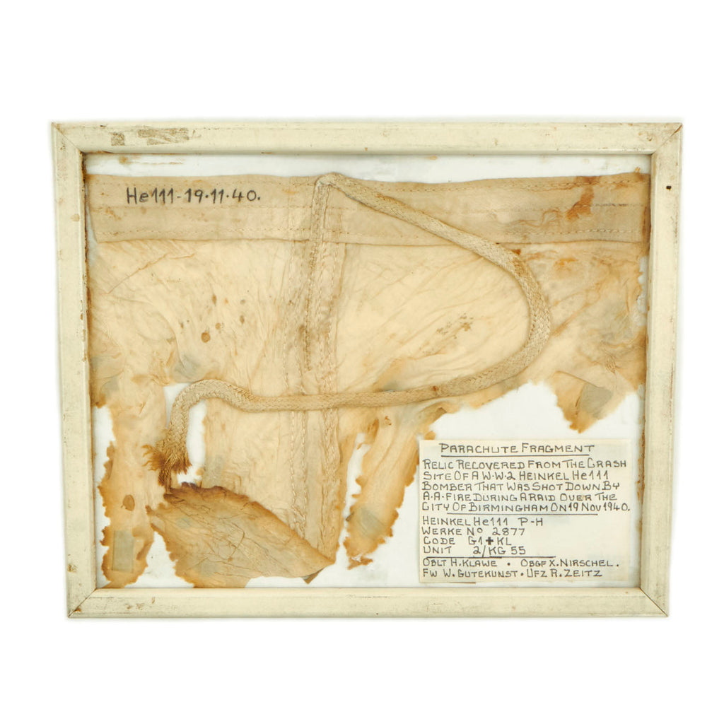 Original German WWII Parachute Fragment From A Heinkel He 111 That Was Shot Down Over Birmingham, England on November 19, 1940 Original Items