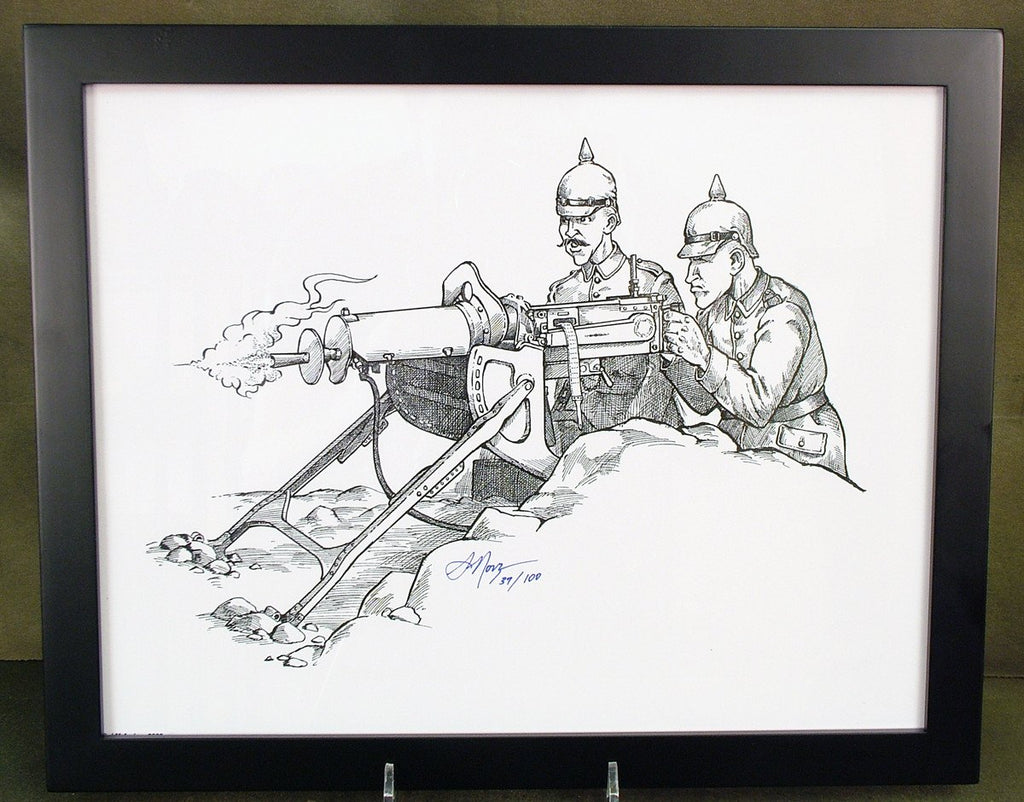Limited Edition Military Illustrations Signed by Artist: German WWI MG-08 with Sled Mount & Trench Armor Original Items