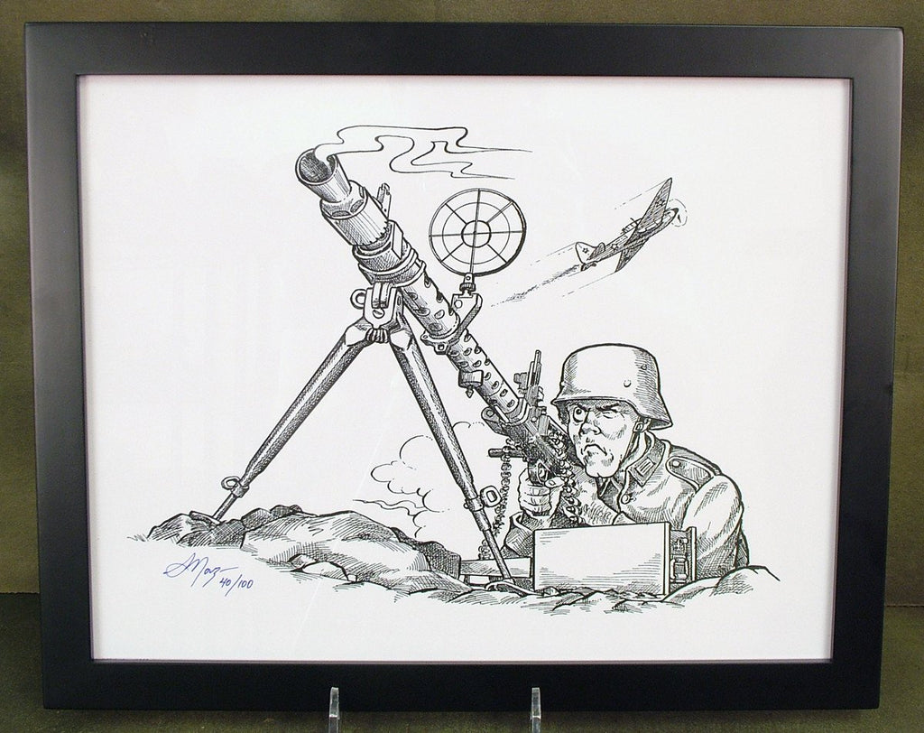 Limited Edition Military Illustrations Signed by Artist: German WWII MG 34 Anti-Aircraft Original Items