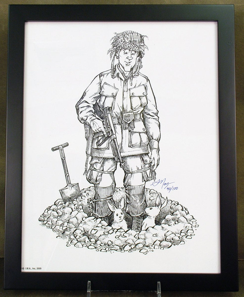 Limited Edition Military Illustrations Signed by Artist: U.S. WWII Thompson M1A1 GI with Bunnies Original Items