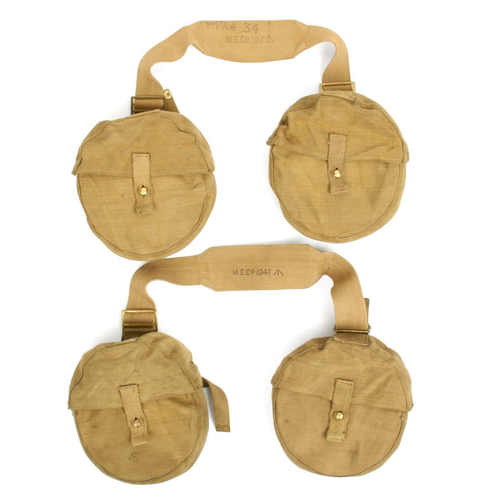 Original British WWII Lewis Machine Gun Drum Pouch Carrier Set- 4 Pouches with 2 Straps Original Items