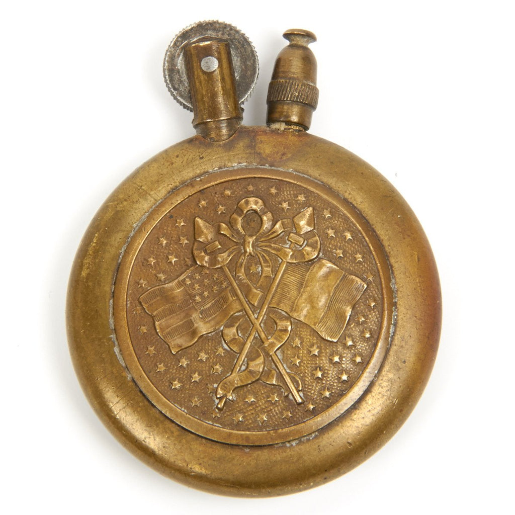 Original U.S. WWI All Brass Circular Military Cigarette Lighter with Flags and American Eagle Original Items