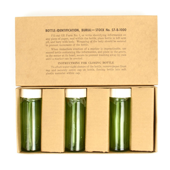 Original U.S. WWII QM Graves Registration Burial Identification Bottle Set of 6 in Box Stock No. 57-B-1000 Original Items