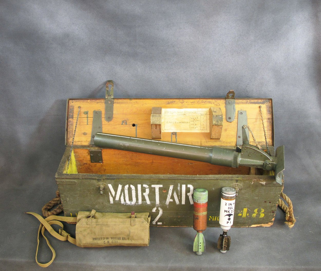 Original British WWII Era 2-Inch Mortar Set with Transit Chest, Inert Bombs and Cleaning Kit Bag Original Items