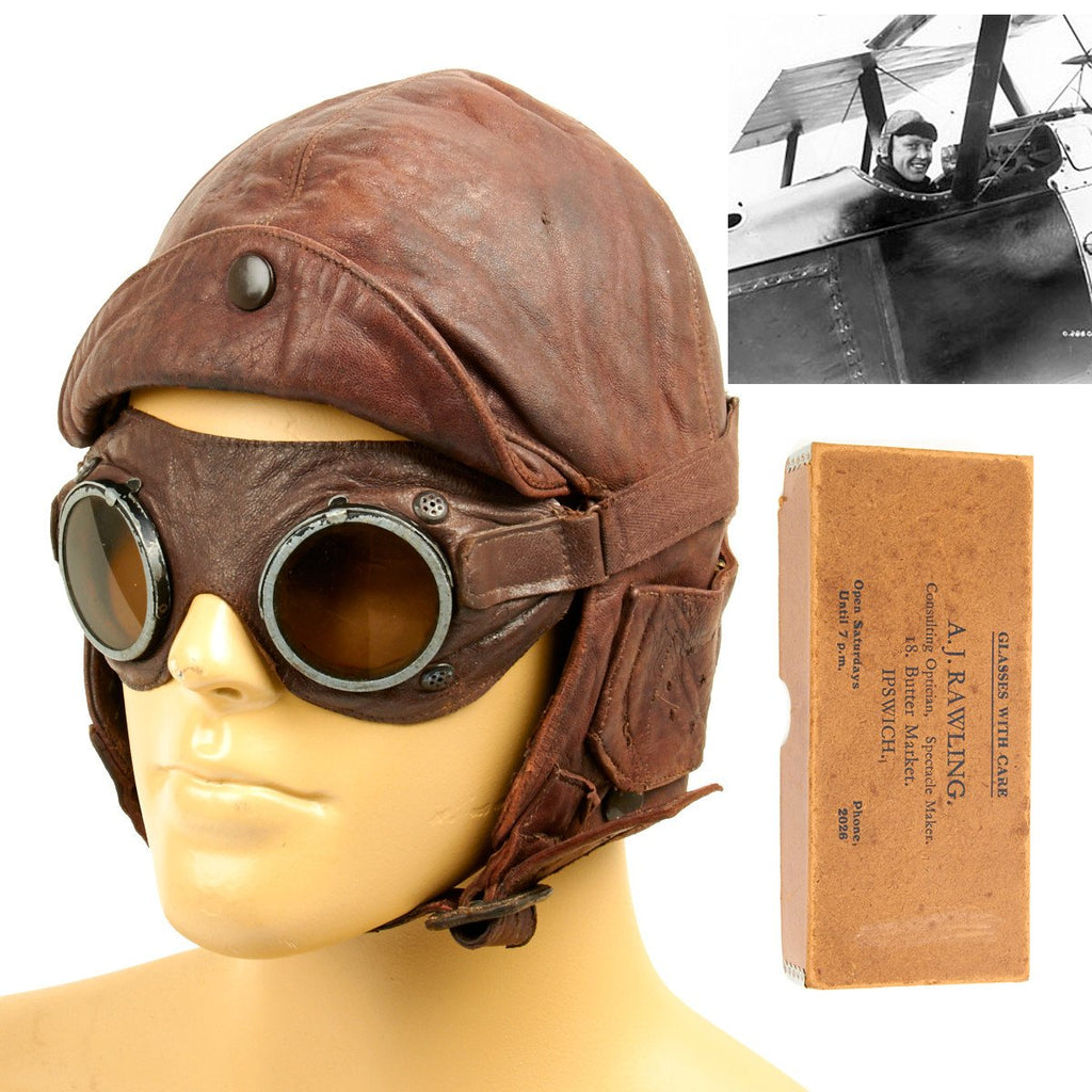 Original British WWI Royal Flying Corps Leather Flying Helmet with Goggles and Case – International Military Antiques