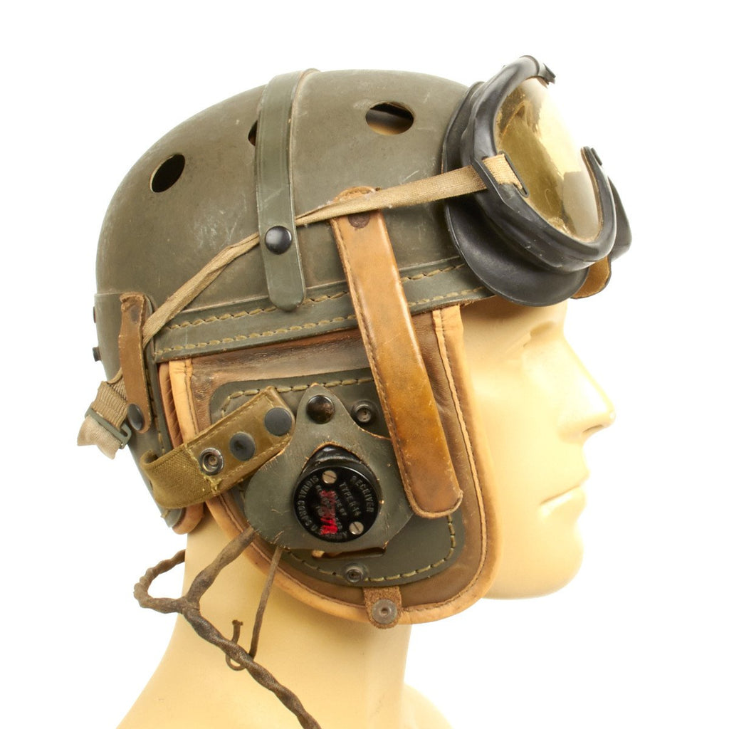 Original U.S. WWII Mint Condition M38 Tanker Helmet by Wilson with Type R-14 Earphones and Polaroid Goggles Original Items