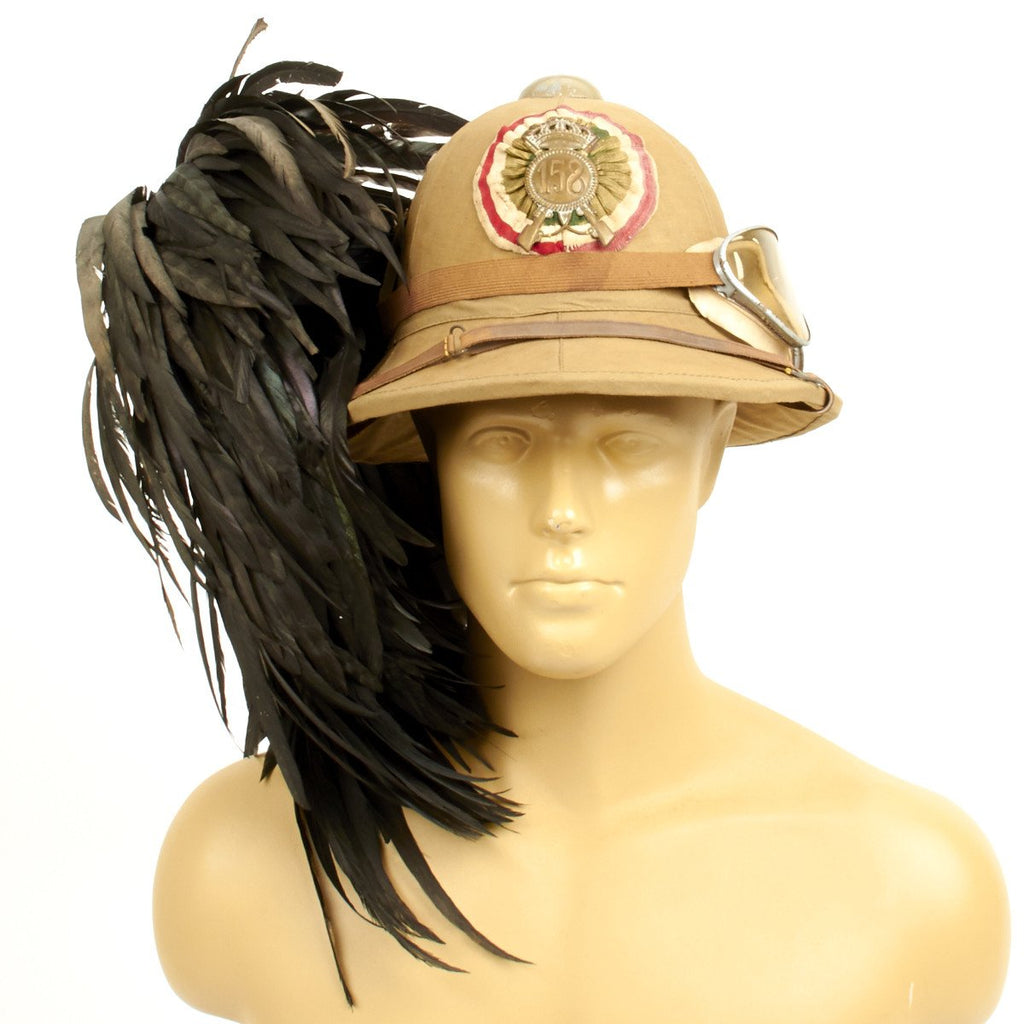 Original Italian WWII North African Campaign M1928 Tropical Sun Pith Helmet with Feather Plume and Goggles Original Items