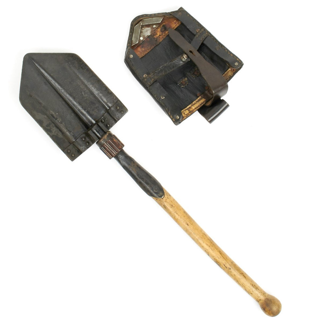 Original WWII German Folding Shovel Klappspaten with Original Leather Carrier - Dated 1941 Original Items